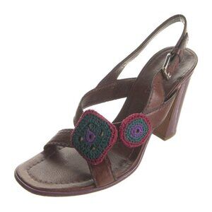Prada Authentic Brown Purple Pink Blue Leather Knit High Heel Block Sandals 6.5